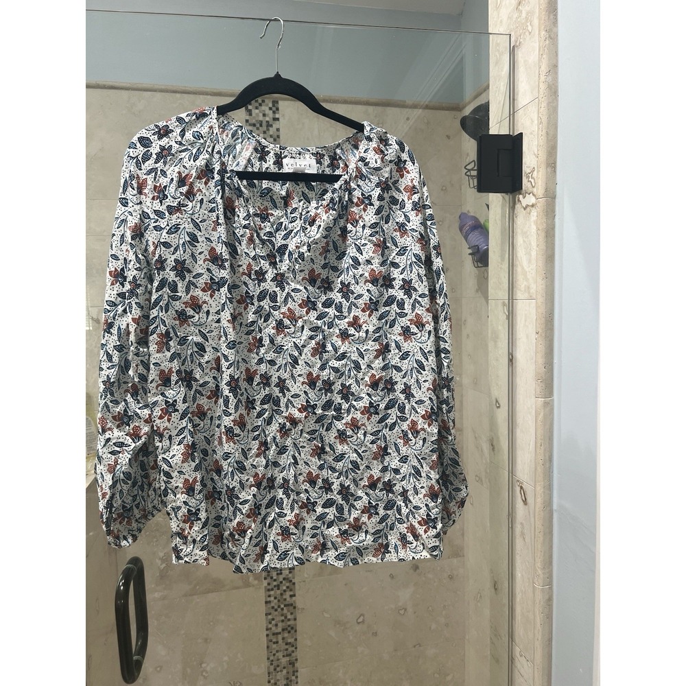 Velvet by Graham & Spencer Floral Viscose Long Sleeve Blouse Top White Blue L
